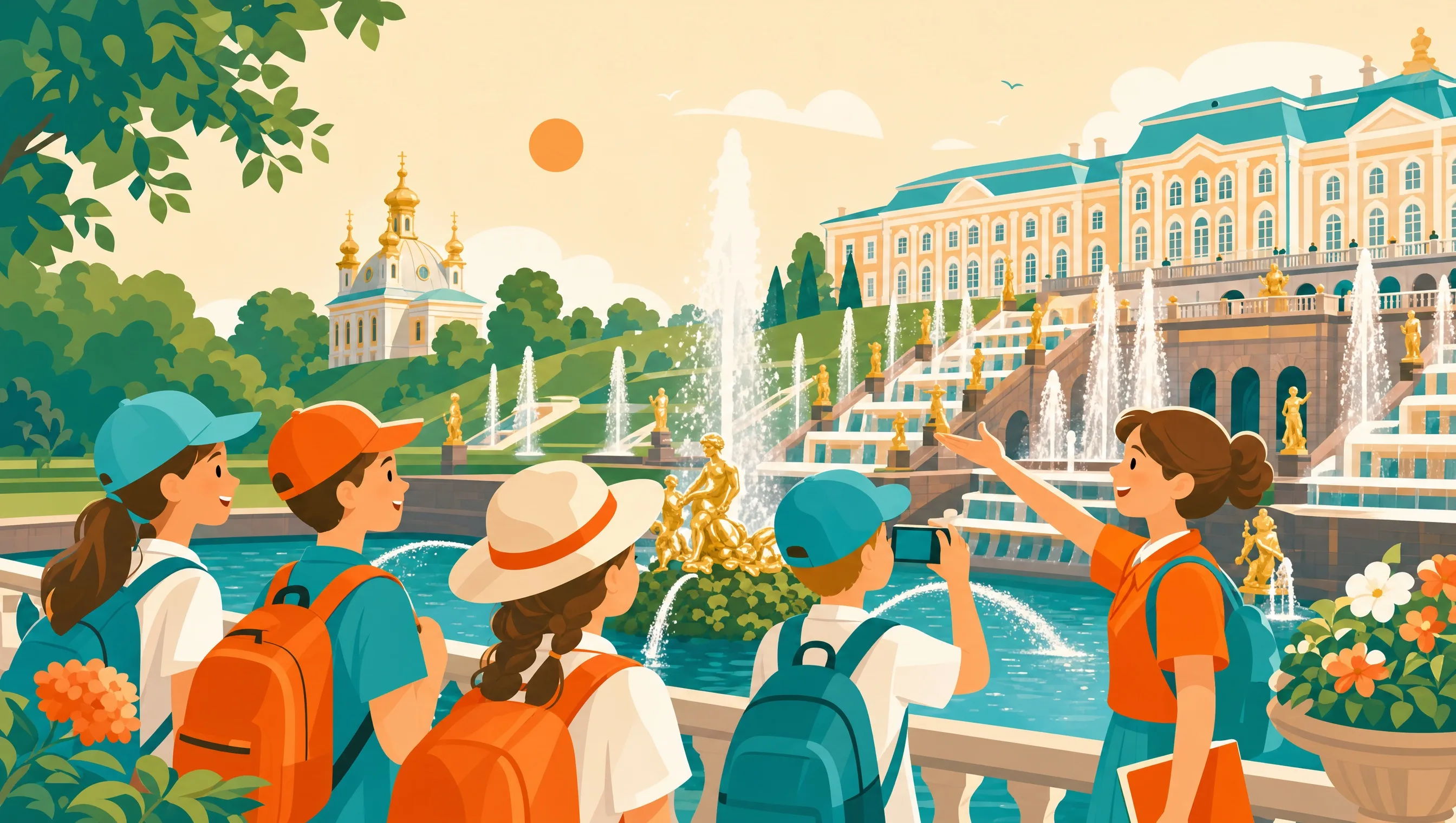 Иллюстрация: летние каникулы в Петербурге, фонтаны и зелень, весёлые школьники, плоский стиль