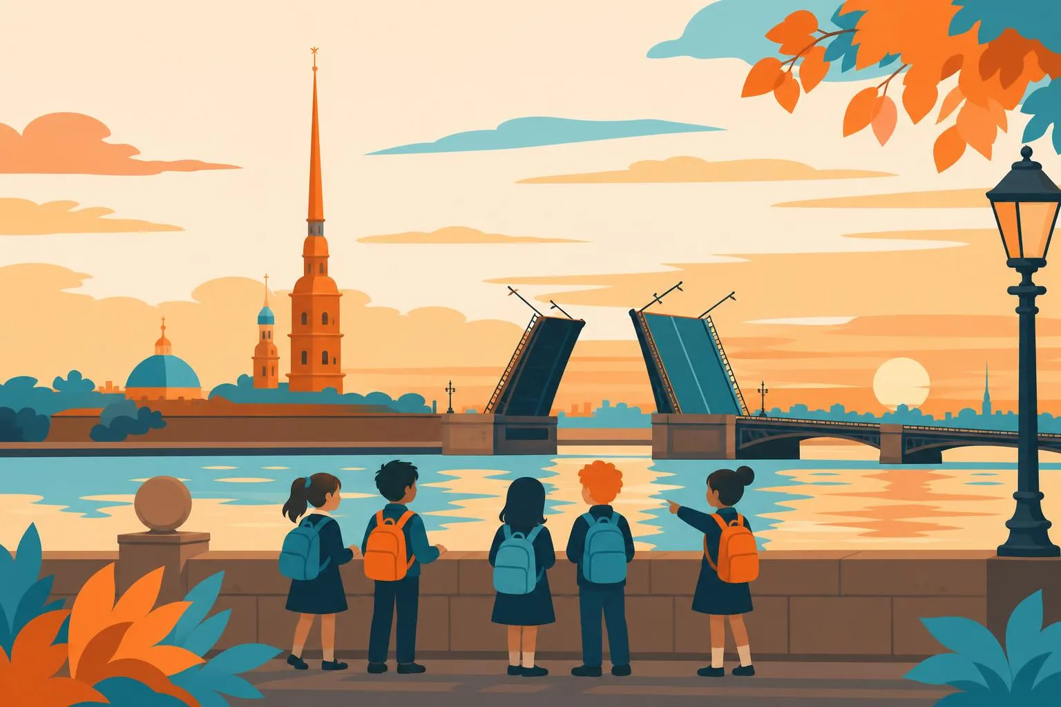 Иллюстрация: разведённый мост и шпиль на фоне светлого ночного неба, силуэты школьников на набережной, плоский стиль