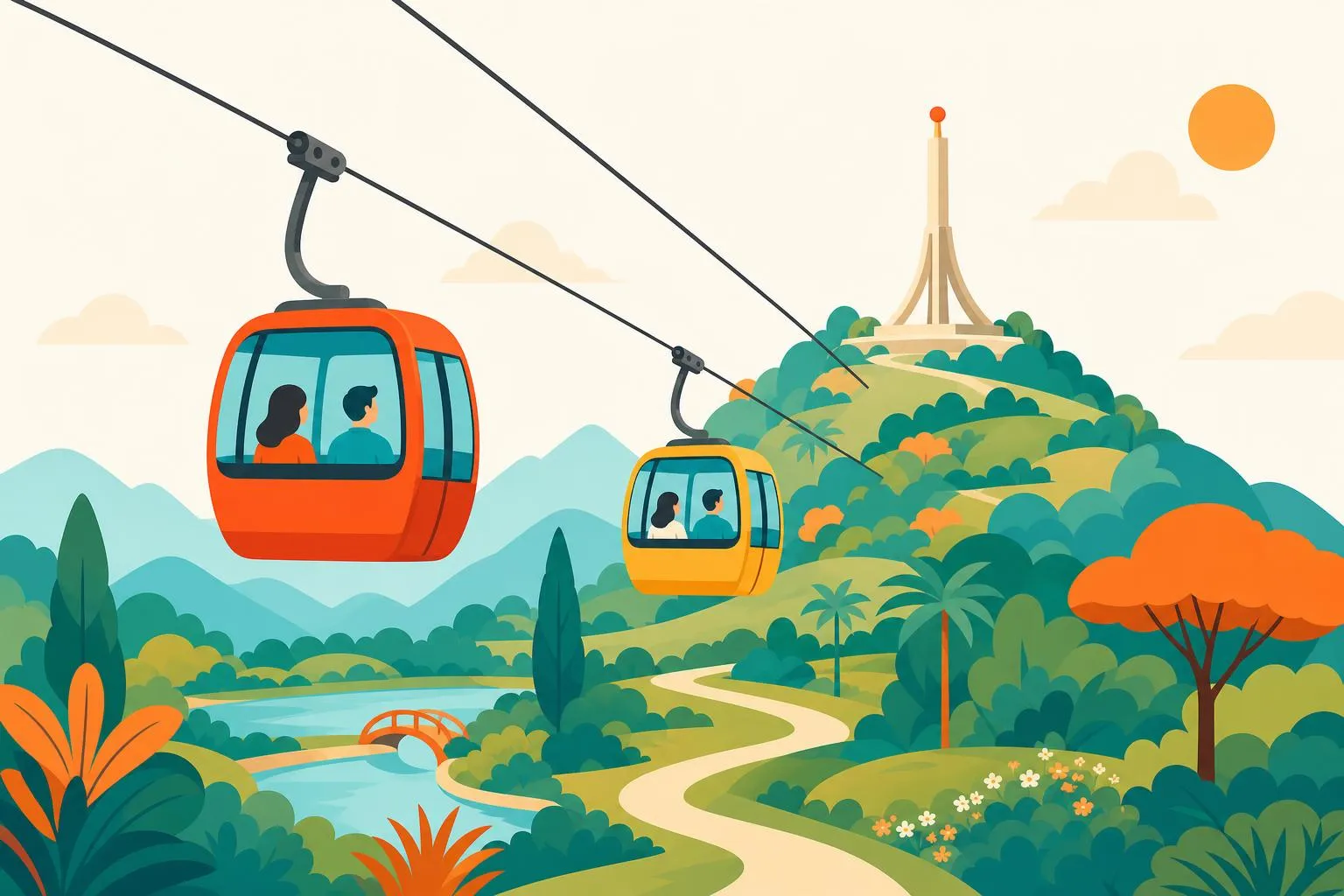 Кабинки канатной дороги поднимаются над курортным парком к горе с памятником, вид на горы вдалеке, иллюстрация в плоском стиле
